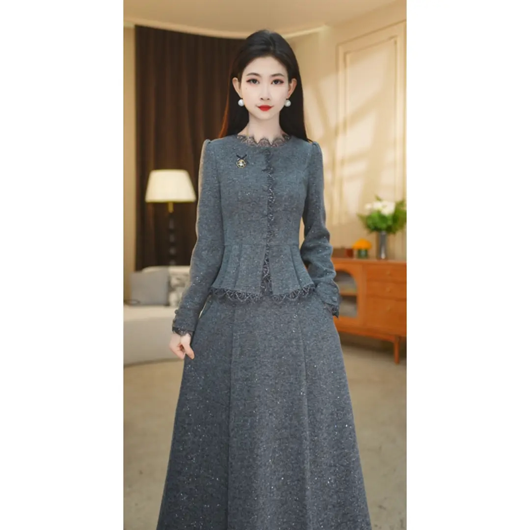 秋冬小香风蕾丝拼接上衣+半身裙女士显瘦减龄长裙气质优雅收腰裙