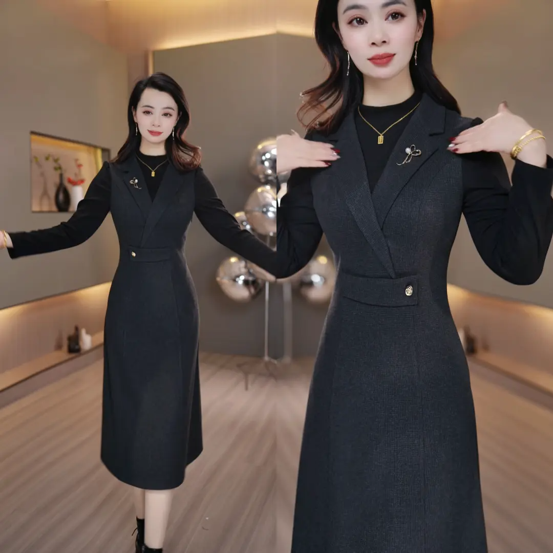 2025秋冬季轻奢风假两件黑色西装领收腰显瘦中长裙高级感连衣裙