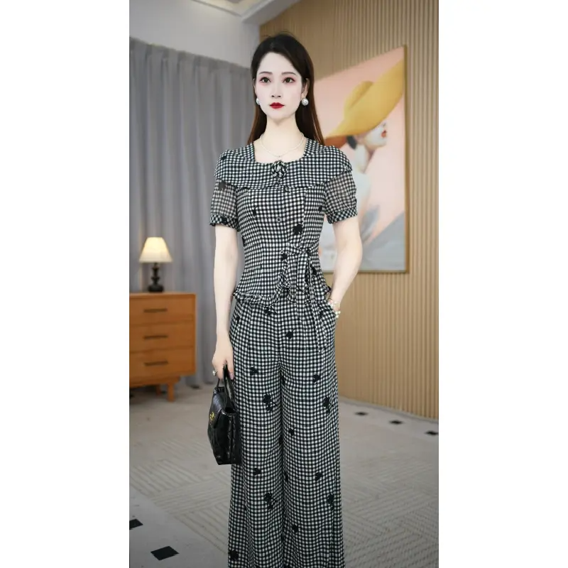 韩系千鸟格女春夏收腰阔腿两件套