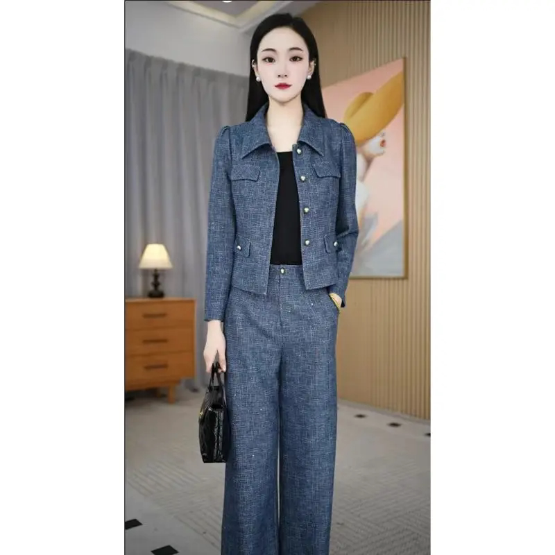 小香风蓝色套装女春秋2026新款气质百搭显瘦职业两件套