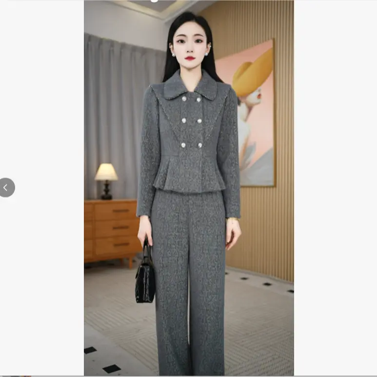 时尚气质百搭优雅双排扣两件套女士秋装灰色上衣+直筒裤套装减龄,女装/女士精品,时尚套装,淘宝优惠券,粉丝福利购,淘宝优惠卷
