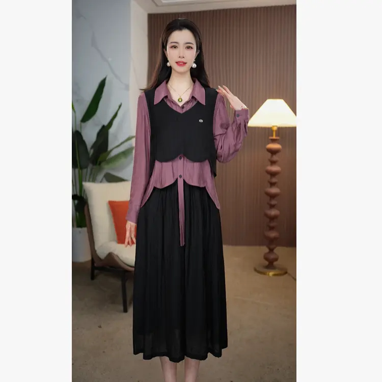 学院风针织马甲衬衫套装女撞色叠穿绑带背心长裙巨好看假三件