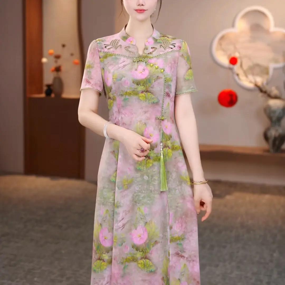 夏季中式印花显瘦遮肚连衣裙