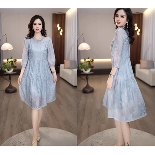 浪漫蕾丝风蓝色连衣裙女士2026春季新款中长款修身显瘦气质裙