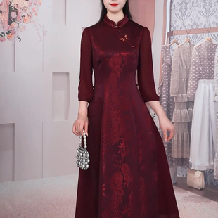 妈妈装 高端气质中长款 婚宴礼服 红色立领连衣裙女装 春夏新中式