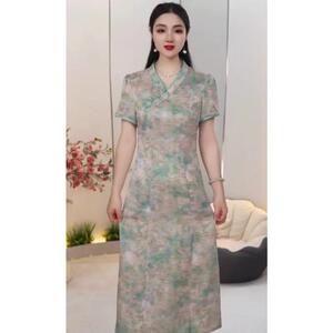 新中式改良旗袍连衣裙女夏V领收腰显瘦中长款裙子