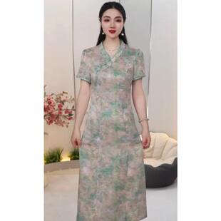 新中式改良旗袍连衣裙女夏V领收腰显瘦中长款裙子