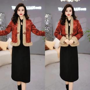 新中式风毛绒两件套连衣裙女2025冬季红色显瘦轻奢套装裙