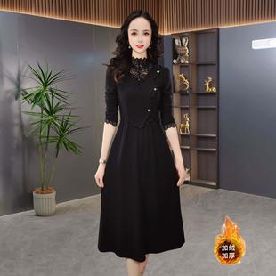 知性淑女风蕾丝拼接连衣裙女长袖收腰显瘦中长款气质优雅