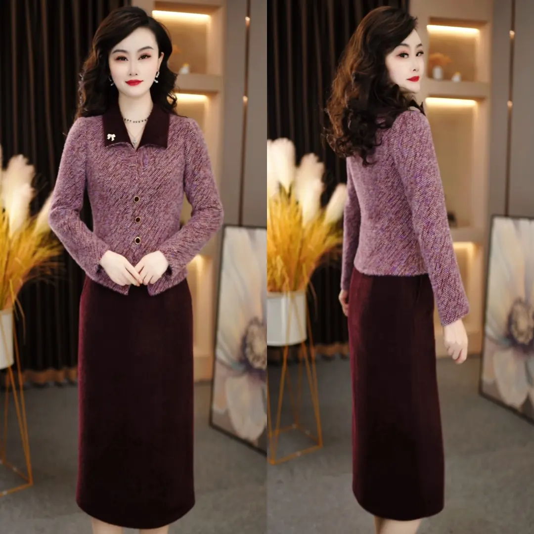 时尚气质小香风假两件连衣裙秋冬毛呢中年妈妈显瘦遮肚熟女风裙子