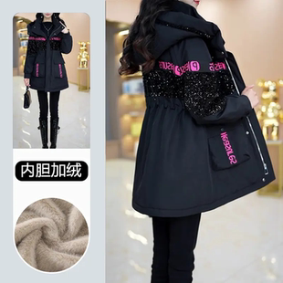 显瘦气质黑色外套 连帽亮片派克服女加绒加厚中长款 2025新款 冬季