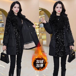 黑色亮片毛领派克服女加绒加厚收腰显瘦中长款 外套