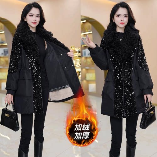 黑色亮片毛领派克服女加绒加厚