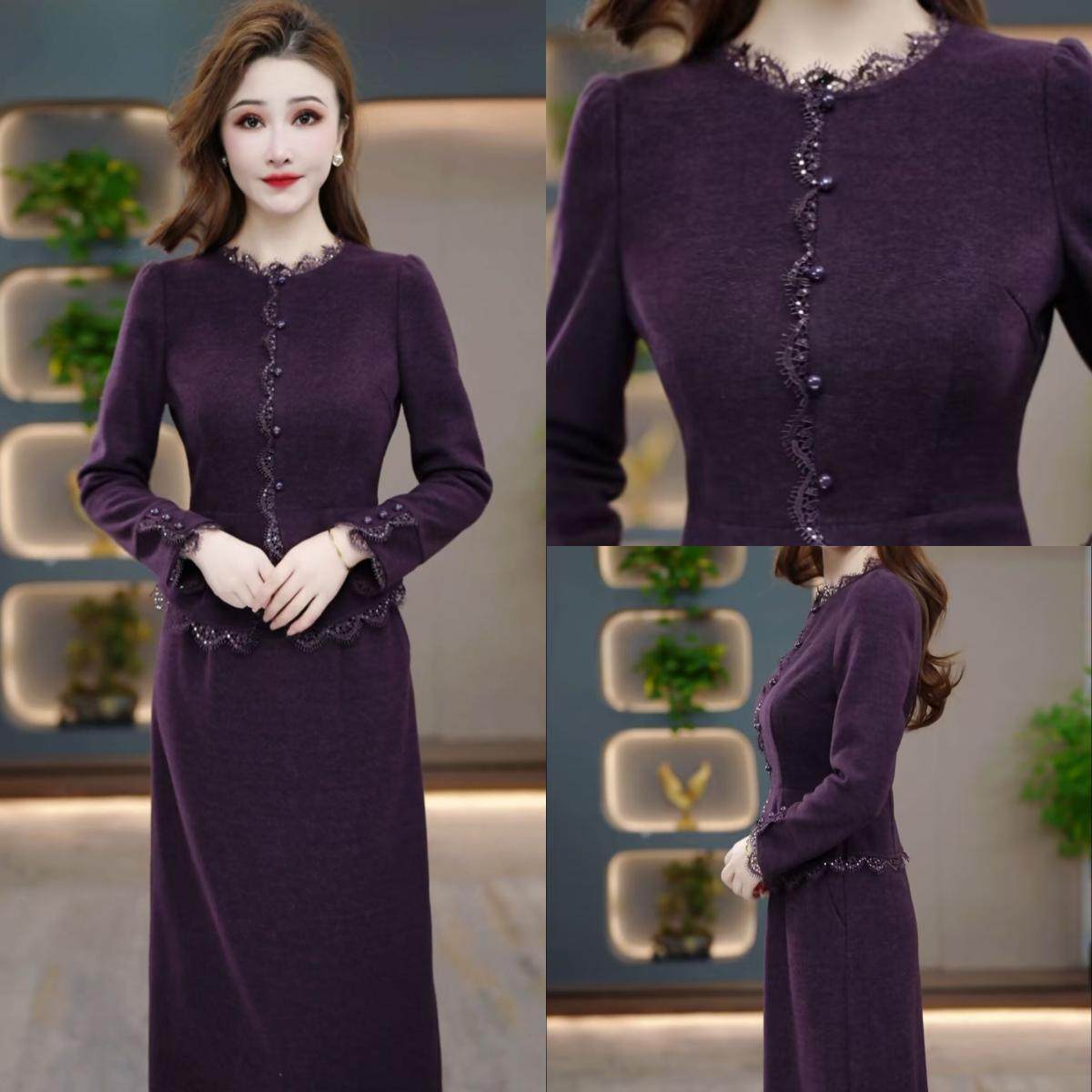 假两件气质连衣裙女紫色蕾丝边排扣中长款显瘦百搭裙子,女装/女士精品,连衣裙,淘宝优惠券,粉丝福利购,淘宝优惠卷