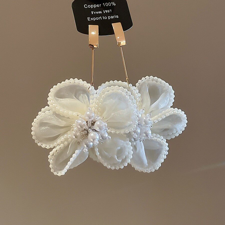 雪纺网纱花朵夸张欧美风人造珍珠小众耳坠个性潮搭耳饰女