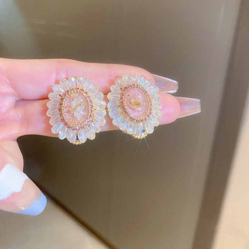 超仙粉色花朵耳环森系温柔甜美椭圆耳钉气质高级感耳饰配饰43