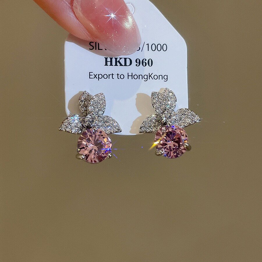 法式轻奢超闪八角千禧玫瑰切花信子耳钉女时尚微镶满钻三叶草耳环