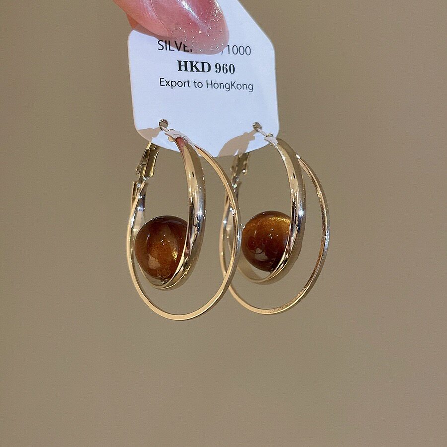 咖金色双环仿虎眼石耳环圈圈高级感轻奢耳钉独特漂亮显脸小耳饰女