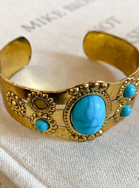 民族风中古仿蓝松石金属几何手镯复古做旧开口可调节个性手饰22