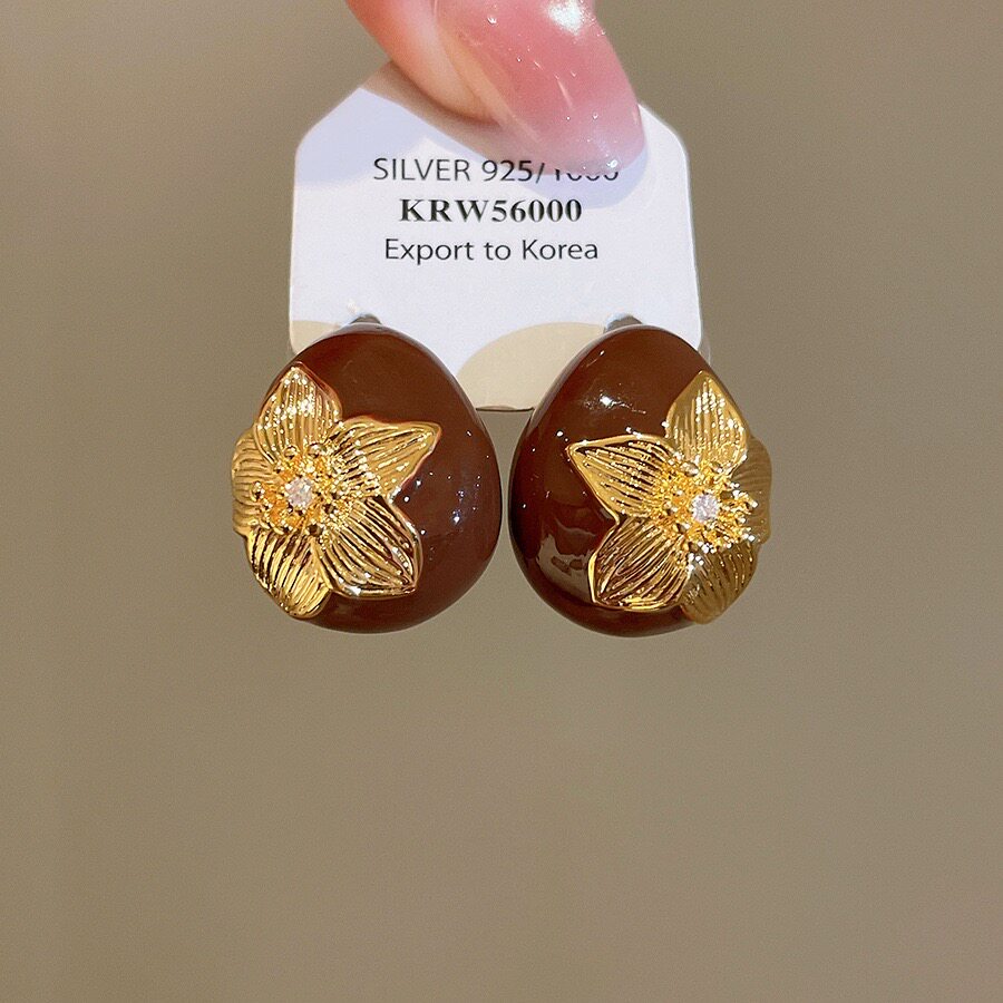 新款清冷复古感滴油花瓣耳钉女拉丝花朵设计感时尚精致花卉耳饰87