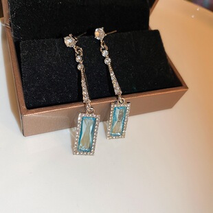 高级设计感蓝水晶几何耳环新款潮韩国网红气质银针耳钉耳饰5961