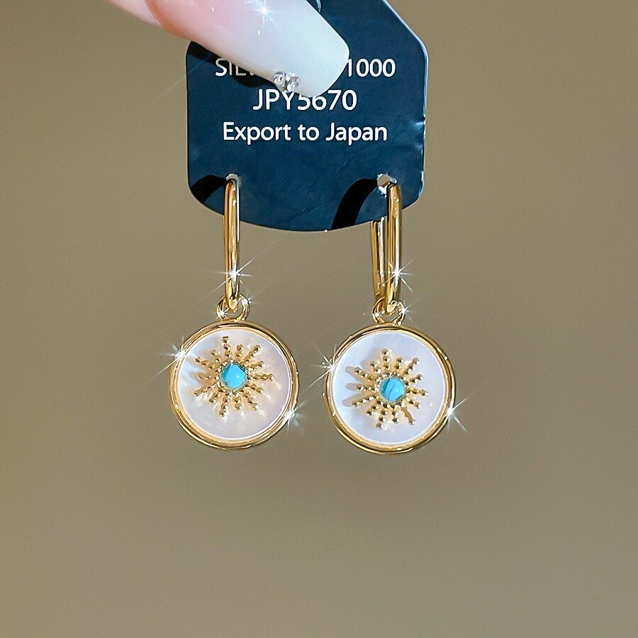 钟楚曦同款金色太阳花白贝母耳环女高级感轻奢耳扣绿松石耳坠耳饰