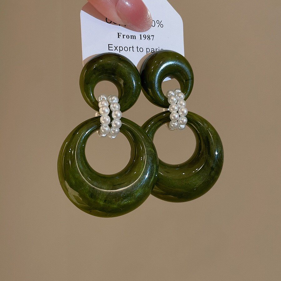 中古气质耳钉法式双环绿色圆形耳饰高级感复古珍珠耳环小众耳坠女