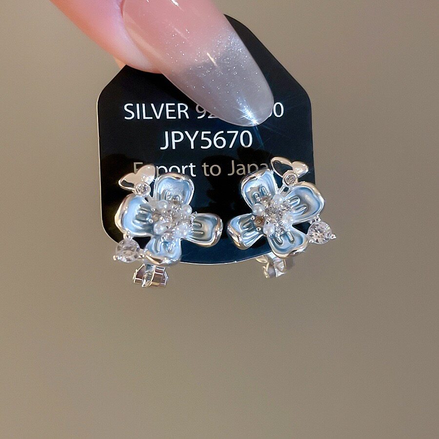 甜美蓝色鸢尾花耳夹女百搭精致小众设计感无耳洞气质耳饰品62