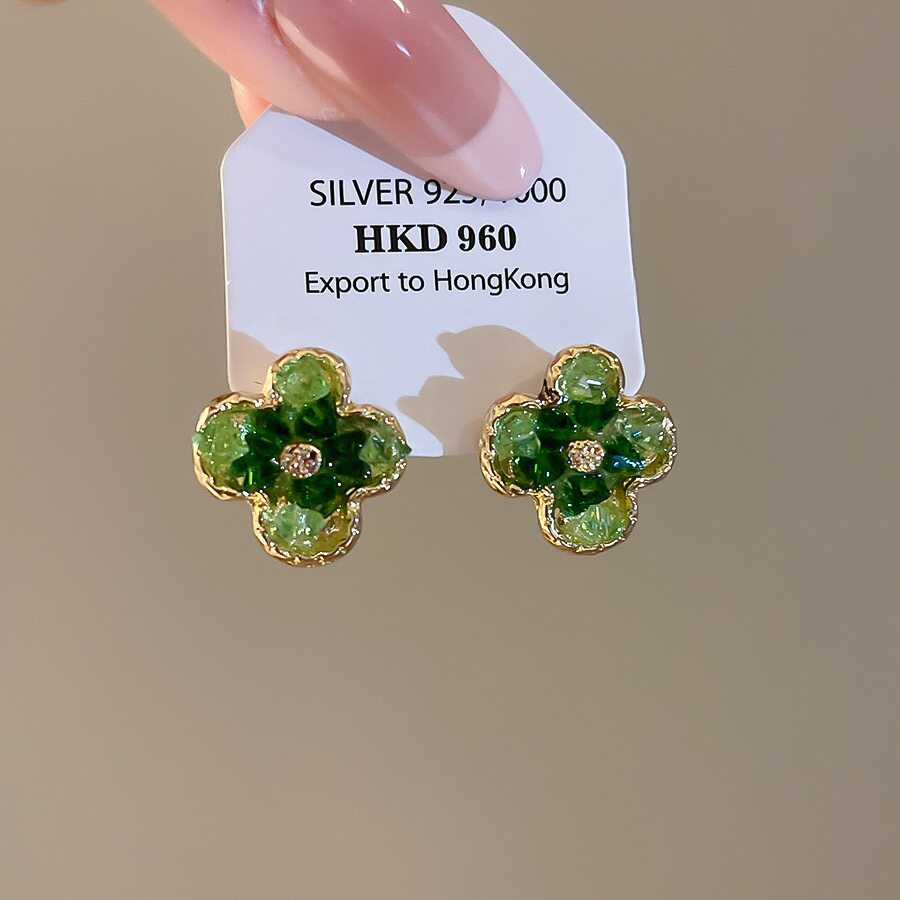 绿色水晶花朵耳钉女新款爆款春天耳饰轻奢高级感祖母绿耳环24