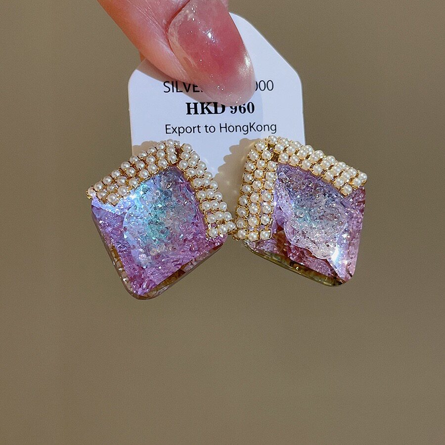 简约小香风镶钻紫色水晶方形耳钉新款潮轻奢气质简约超美复古耳饰