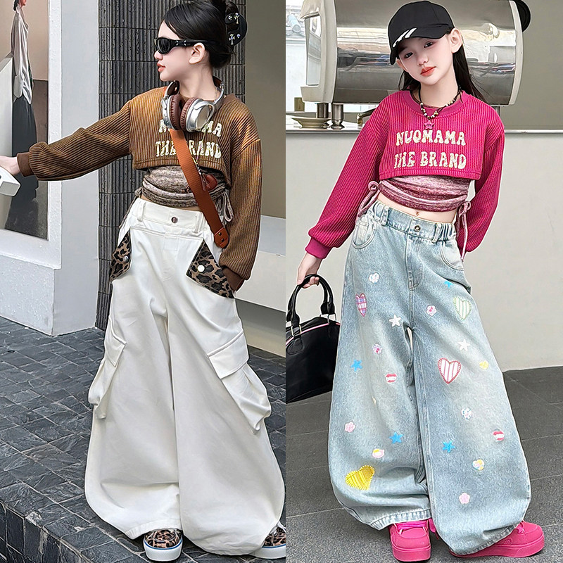 设计款豹纹工装裤女童爵士服少儿蝙蝠衫卫衣两件套少儿走秀服春款