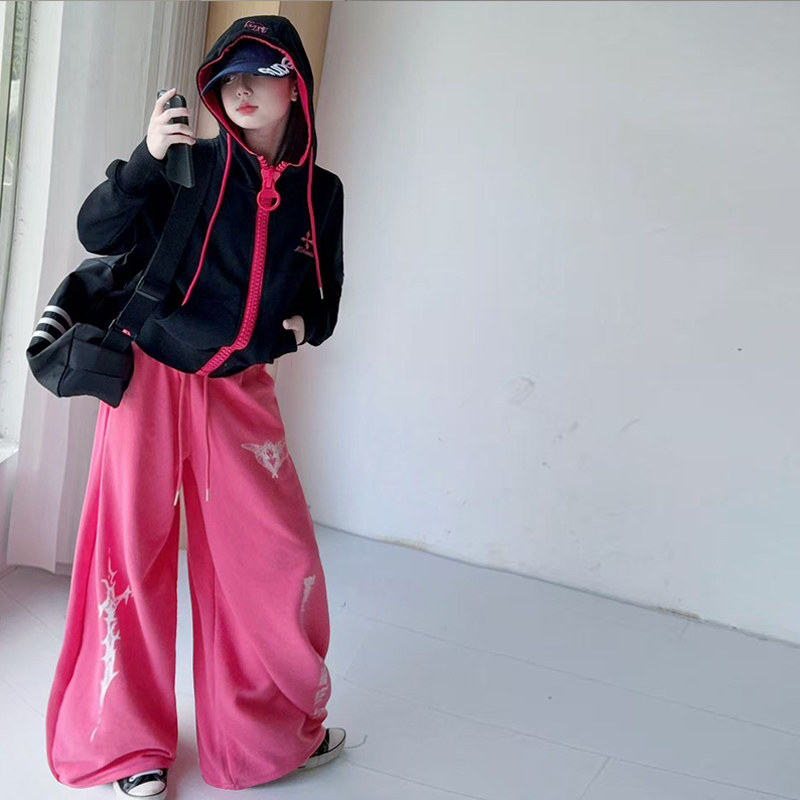 时尚女童连帽大拉链外套儿童爵士街舞服个性走秀宽松休闲阔腿卫裤