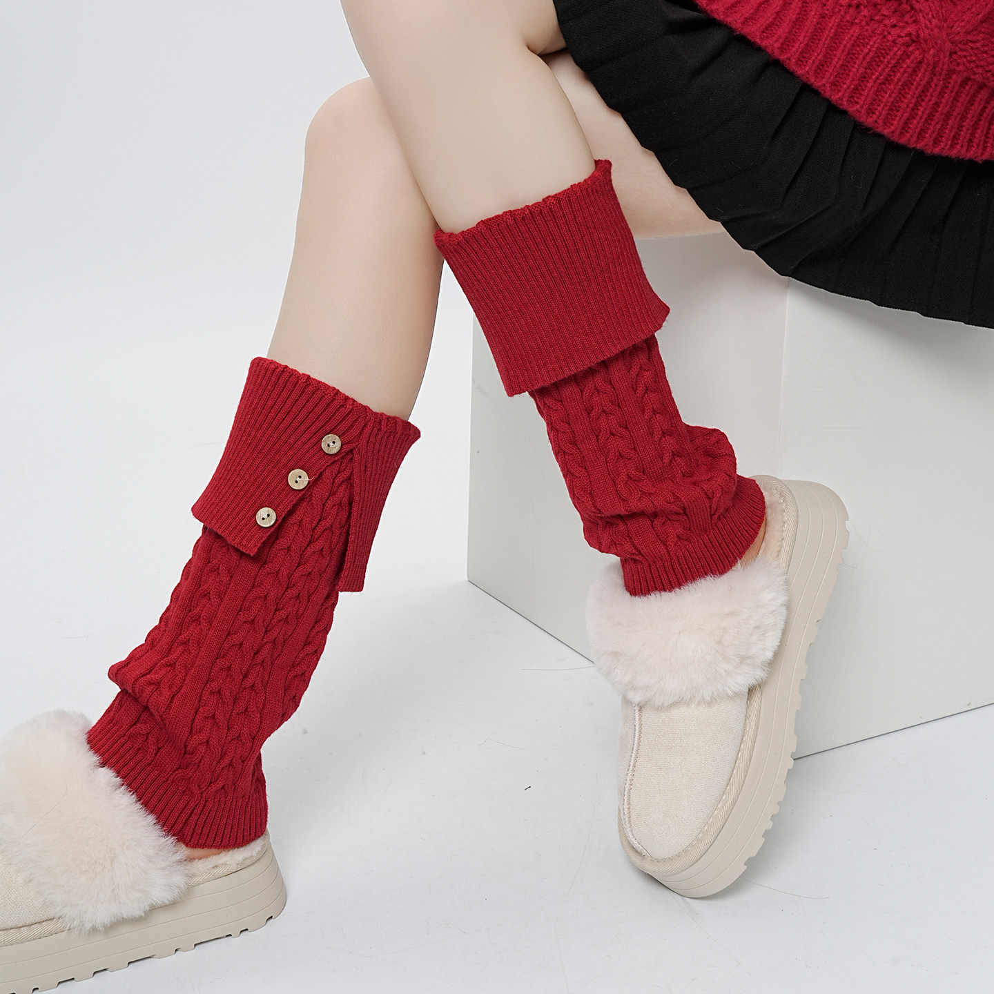 新年酒红色复古麻花针织袜套女冬季保暖纽扣翻边堆堆袜百搭腿套,女士内衣/男士内衣/家居服,中筒袜,淘宝优惠券,粉丝福利购,淘宝优惠卷