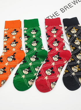 绿色袜子INS超火韩版卡通米老鼠中筒袜潮秋冬加厚保暖纯棉小腿袜