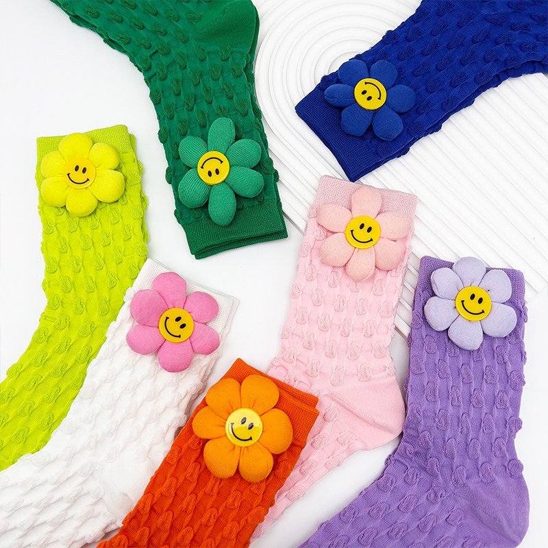 高级感多巴胺穿搭袜子紫色甜美立体花朵可爱彩色糖果色中筒袜潮