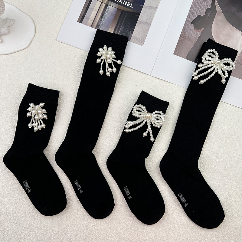 甜酷女童珍珠蝴蝶结中筒小腿袜