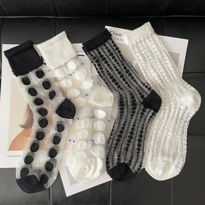 透明袜子夏中筒波点黑白色水晶袜超薄镂空玻璃丝小腿袜日系仙女袜