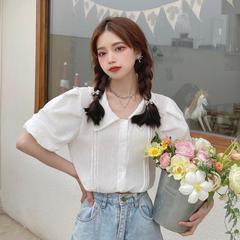 Real price new simple retro versatile short bubble sleeve shirt