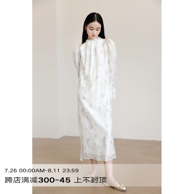 清仓/2折起 Rowi 轻印花系列时髦抽绳长裙露肩长袖碎花连衣裙图片