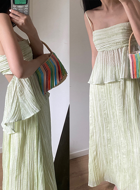 Rowi 青蜜瓜melon手工褶皱纹理吊带背心女半裙时尚套装夏季两件套