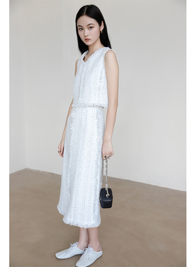 清仓/2折起  Rowi 粗花呢流苏V领背心高腰中长款半裙套装