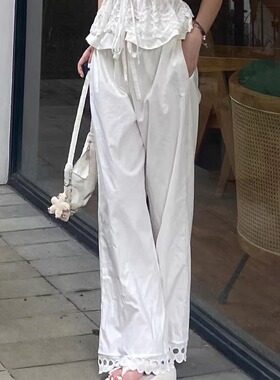 Rowi翻折腰花边蕾丝拼接散步裤棉感舒适女长裤休闲日常下装