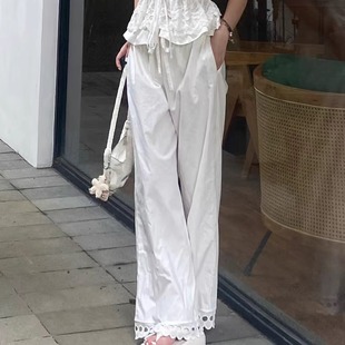 休闲日常下装 Rowi翻折腰花边蕾丝拼接散步裤 棉感舒适女长裤