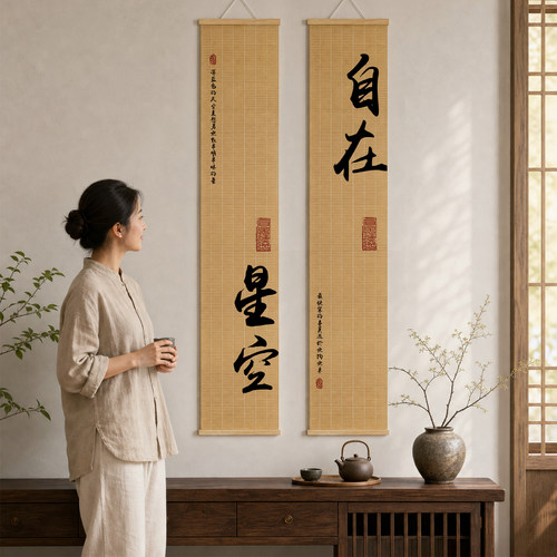 中式书法竹帘挂画定制禅意励志
