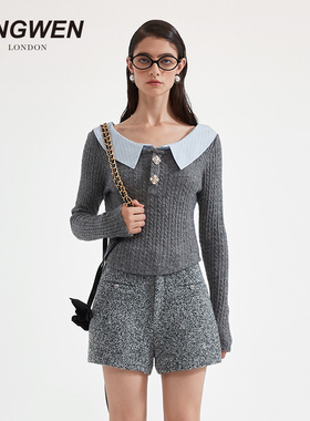 KINGWEN2025秋季新款灰色拼接针织衫女一字肩气质miu系学院风上衣