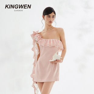KINGWEN2026夏季新款粉色花朵蕾丝飘带连衣裙女士荷叶边露肩短裙