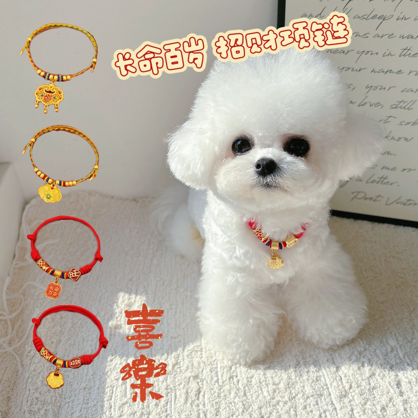 招财长命锁中国风宠物新年编绳项圈春节猫狗狗金色锦鲤项链装饰品