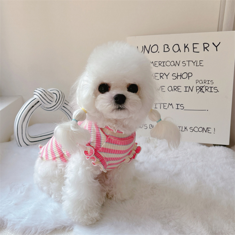 宠物猫狗衣服春夏飞袖条纹打底衫可爱公主泰迪比熊马尔济斯家居服