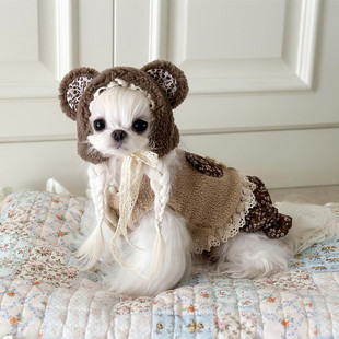 糯米家 秋冬美拉德加绒加厚小熊碎花外套马甲吊带打底裙宠物衣服