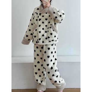 韩版珊瑚绒长袖睡衣女秋冬毛绒绒加厚开衫外套直筒长裤家居服套装